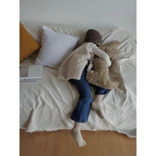 111V温F77JT5S6柔淡可滩可 中古橄条榄绿天然羊毛腊肠犬狗形腰靠