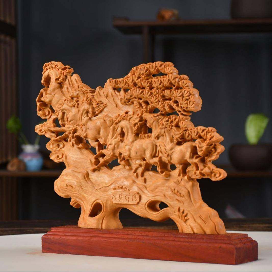 太行崖柏雕八骏木马马到成功实480木雕艺刻动物根雕品装饰摆件工