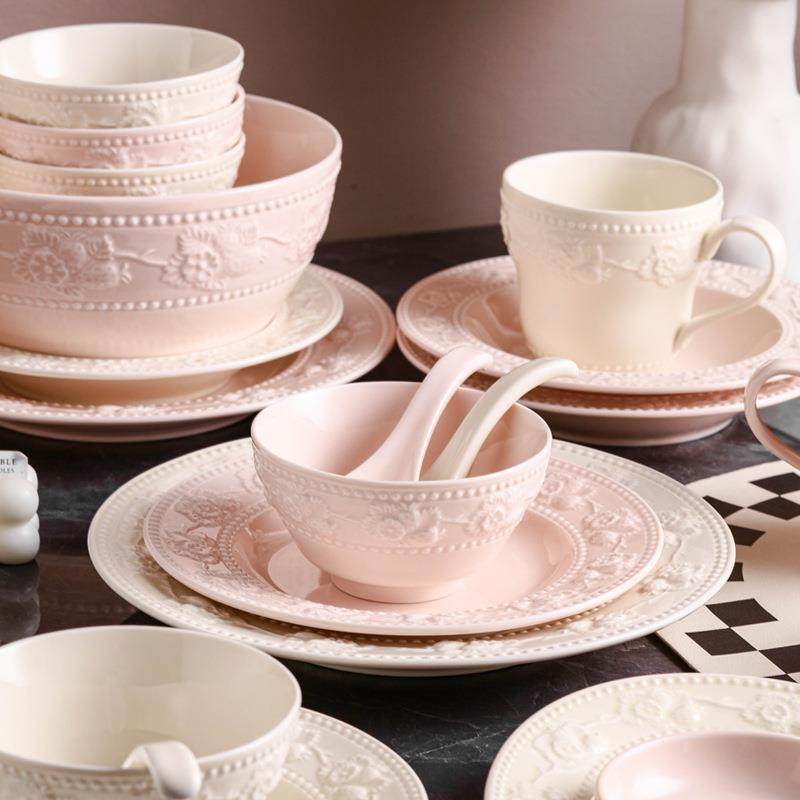 法式浮碗碟具套奶雕餐油粉陶瓷装碗盘碟Z1204子家用高颜值盘子餐,餐饮具,餐具瓷器套装,淘宝优惠券,粉丝福利购,淘宝优惠卷