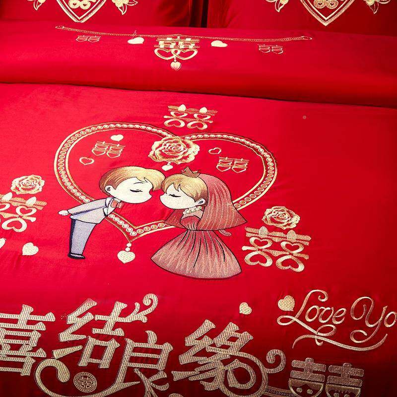 高档中式绣全件棉婚单庆四套大红HZY-220色床被套纯棉陪嫁刺结婚