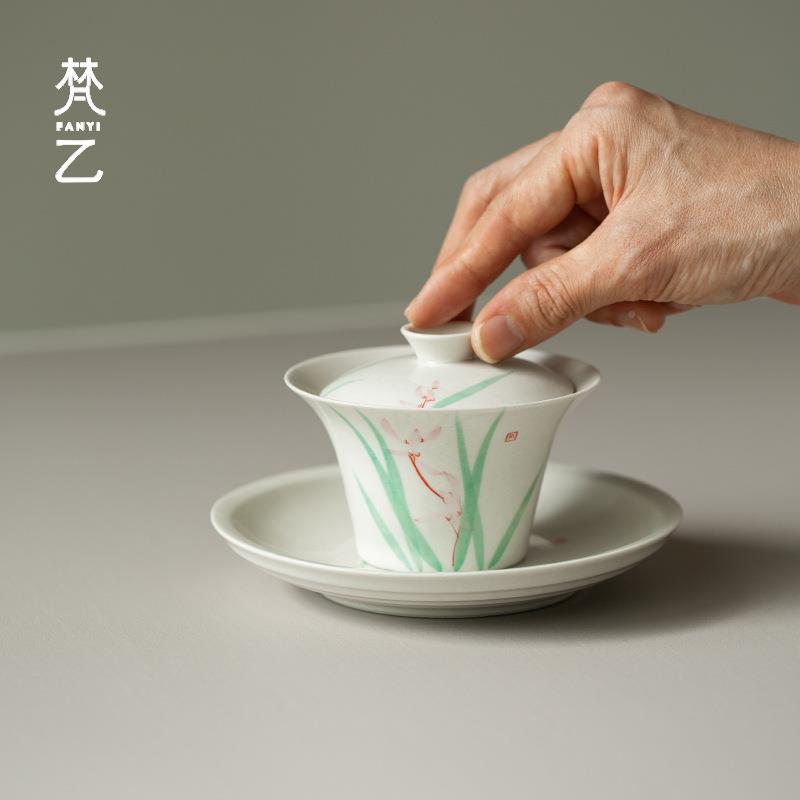 草木CNS灰手绘兰花圆纹壶盖碗承茶道配件干托泡台养茶壶托壶底座