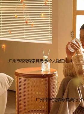 日式藤编复古置物角几沙发侧边小凳子圆桌床头柜桌子卧室圆形带盖