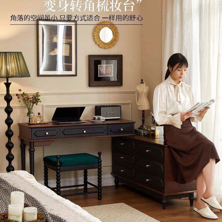 法卧式复实木床869尾妆收台一体美式室斗柜古黑色纳翻盖梳妆台镜
