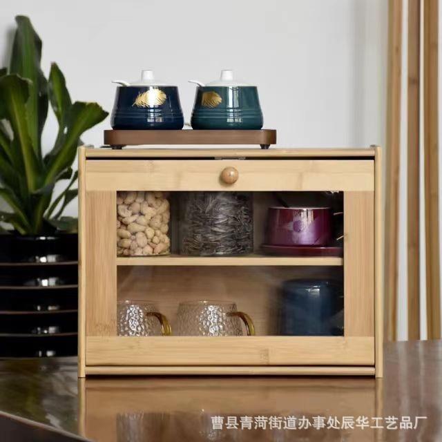 竹制面包面箱收纳双层透厨房木质整理箱内置明窗包储存箱面包0903