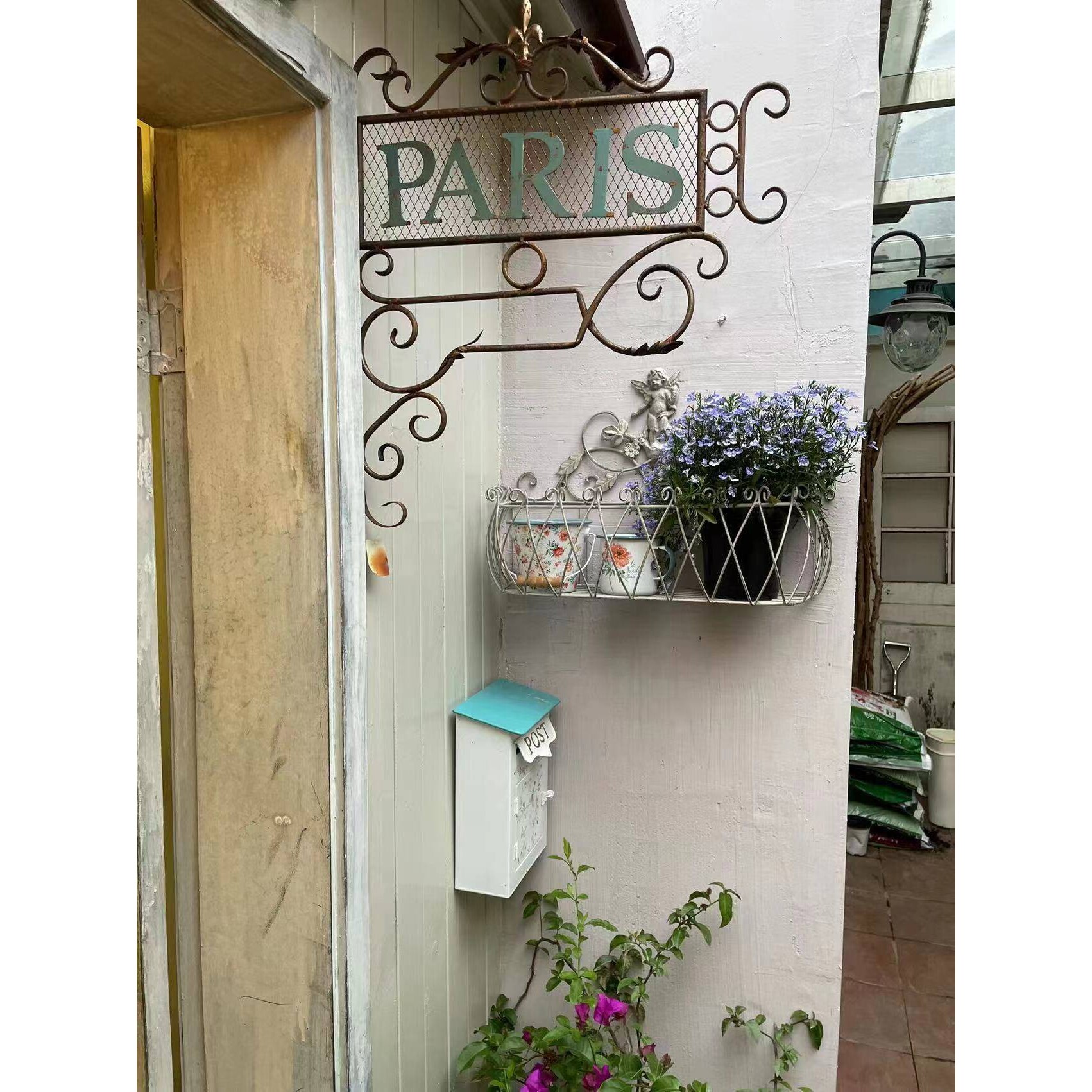 复古花园招牌法式园艺装饰铁艺巴黎PARIS壁挂做旧WELCOME指示牌