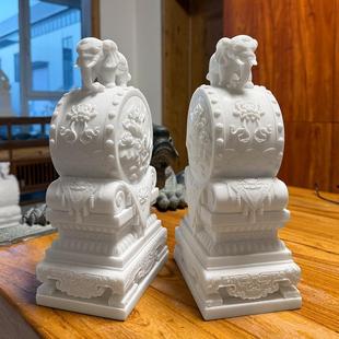 新中式摆件汉玉关大门RHK口石雕石鼓墅别一对客玄厅门墩抱白鼓石