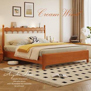 美式复古床次卧家用床加床垫樱桃木色软包单人床纯实木床1米5的床