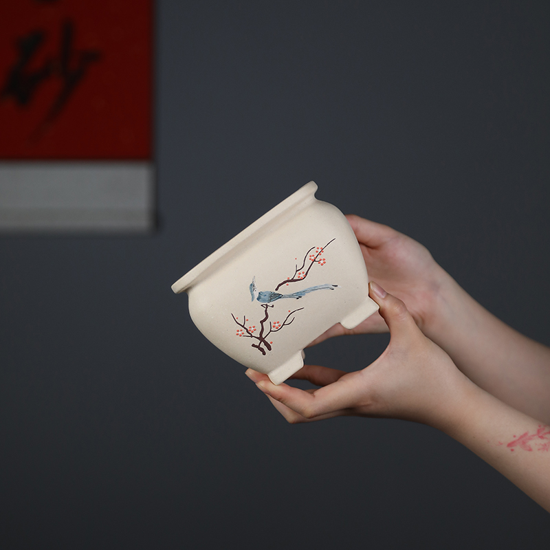 尚扣紫砂 匠人手工白泥花盆 泥绘桌F面绿植多肉文竹盆景古典花器