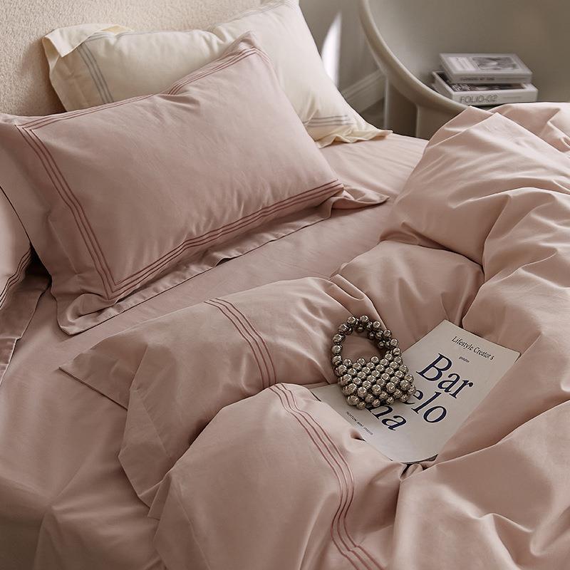 线极绣简风100支全棉磨毛四件套刺加厚纯色被套秋ali-42冬床上用