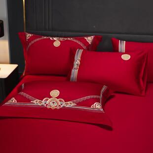九狐婚庆家纺结婚用床上品刺绣四件套100全棉提花中DM1069国喜风