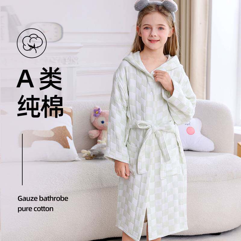新款儿童带帽浴袍加厚六层纱布秋冬长款成人居家服睡袍洗澡浴衣