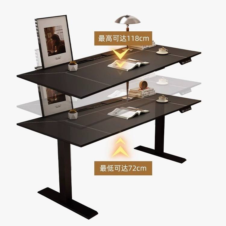 电动升降桌电竞桌工作台办公桌电脑桌实木皮面家用站立式智能书桌