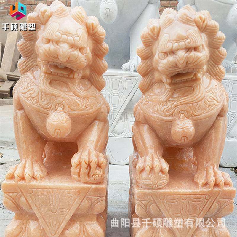 现货石雕晚霞红石狮子动物大门两侧门口景观园林景观装饰雕塑摆件