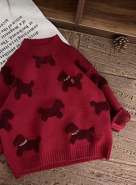 【主播推荐】【顾奈】6903 提花小狗 红色刺绣毛衣