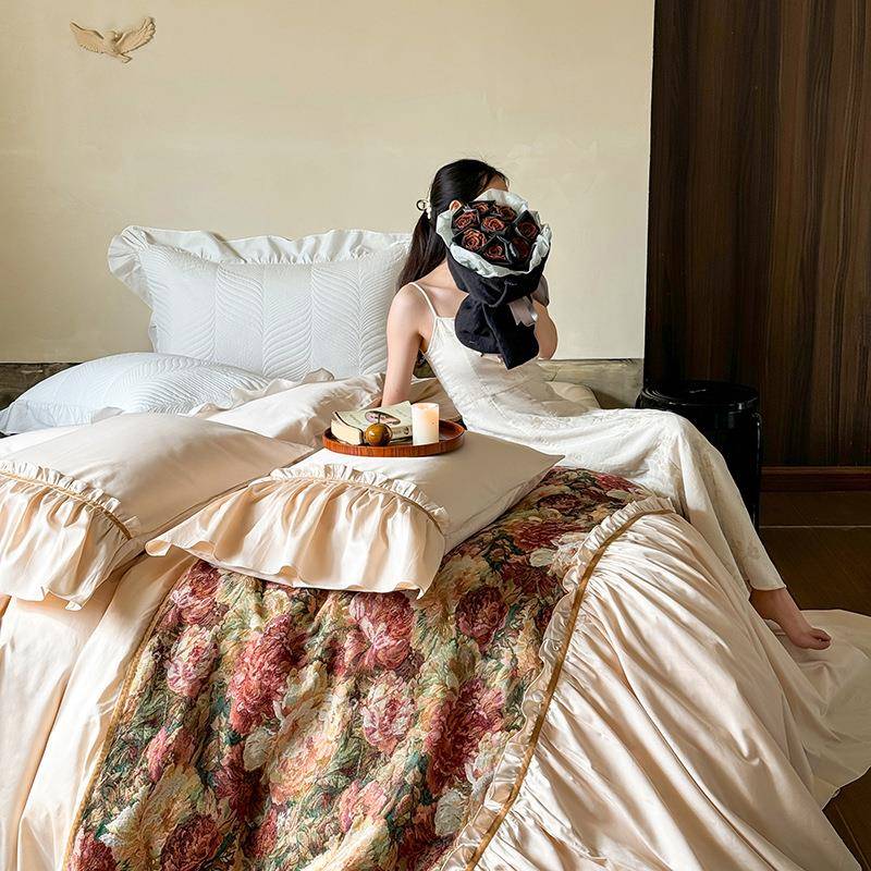 100S贡缎长绒棉全棉磨毛四件套法式复古花边公主风纯棉被套床裙式