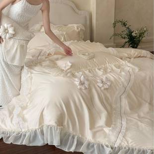 法式 公主风全棉长绒棉床单床裙四件套花朵蕾丝花边被套床品 庄园