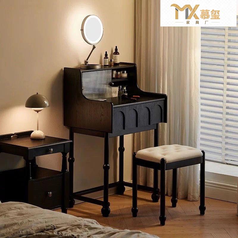 法式中古风白蜡木实木梳妆台小户型卧室迷你小型化妆台一体化妆桌
