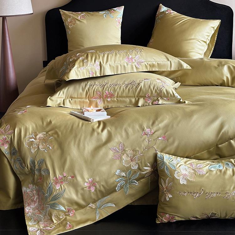 高档彩线刺绣140支长绒棉四件套纯棉贡缎被套全棉新中式花卉床品