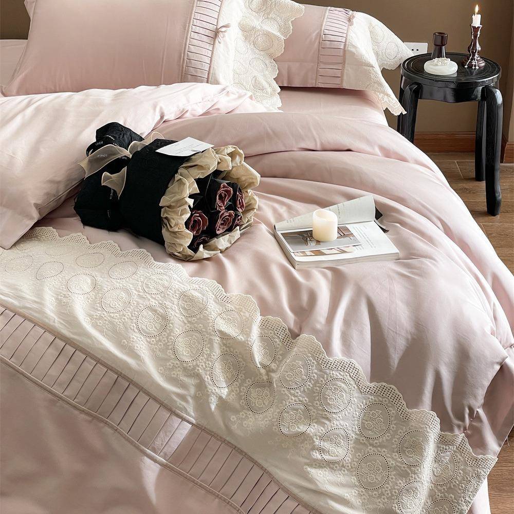 A类法式蕾丝长绒棉全棉四件套手工丝绒蝴蝶结花边被套纯棉床单