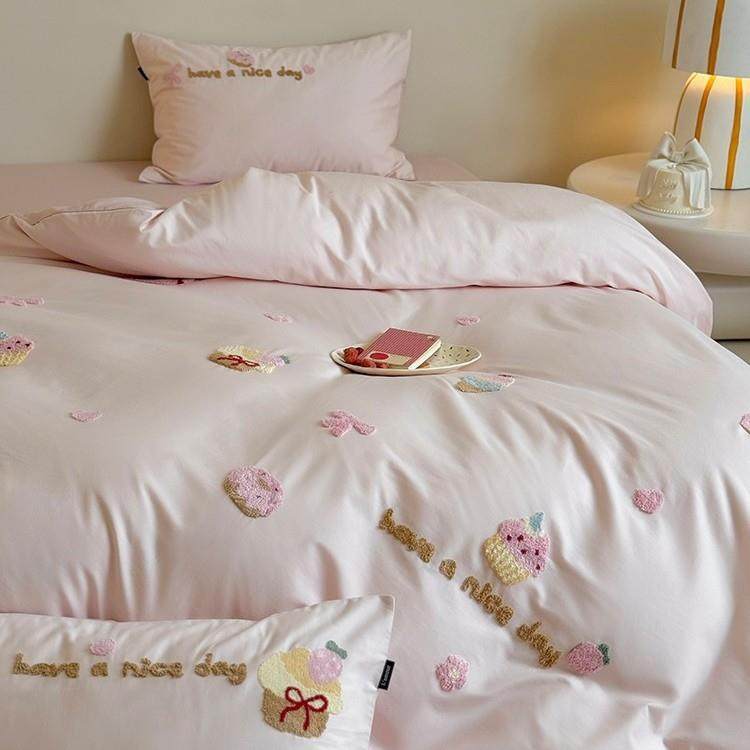 秋冬加厚全棉磨毛四件套少女心毛巾绣1.2m被套床上用品粉紫色床笠