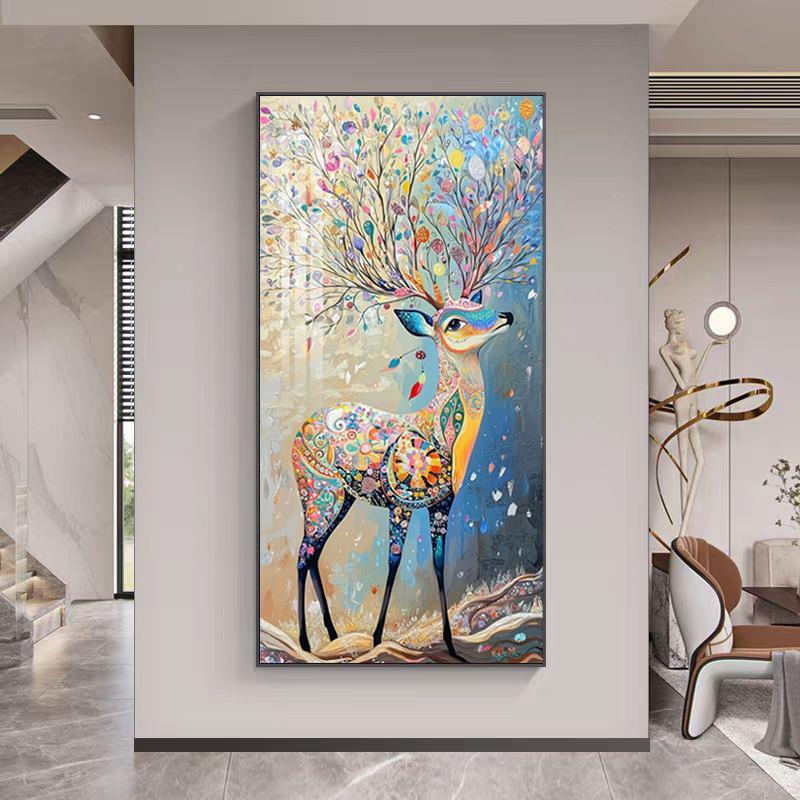路玄关装饰一画梅花鹿正对门梅花鹿式竖版艺术挂画走美廊过道平安