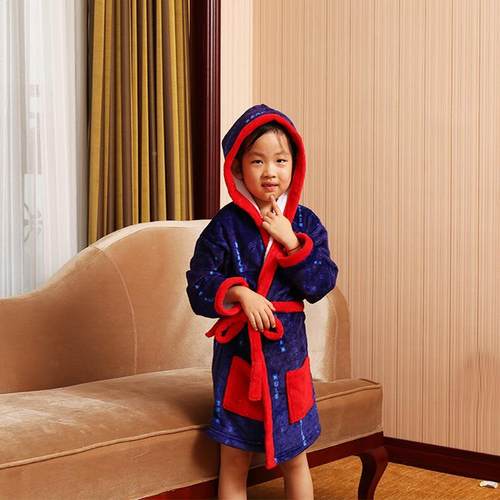 儿童珊带瑚绒1709305可数印码花帽动物浴袍爱柔软吸水小童大童