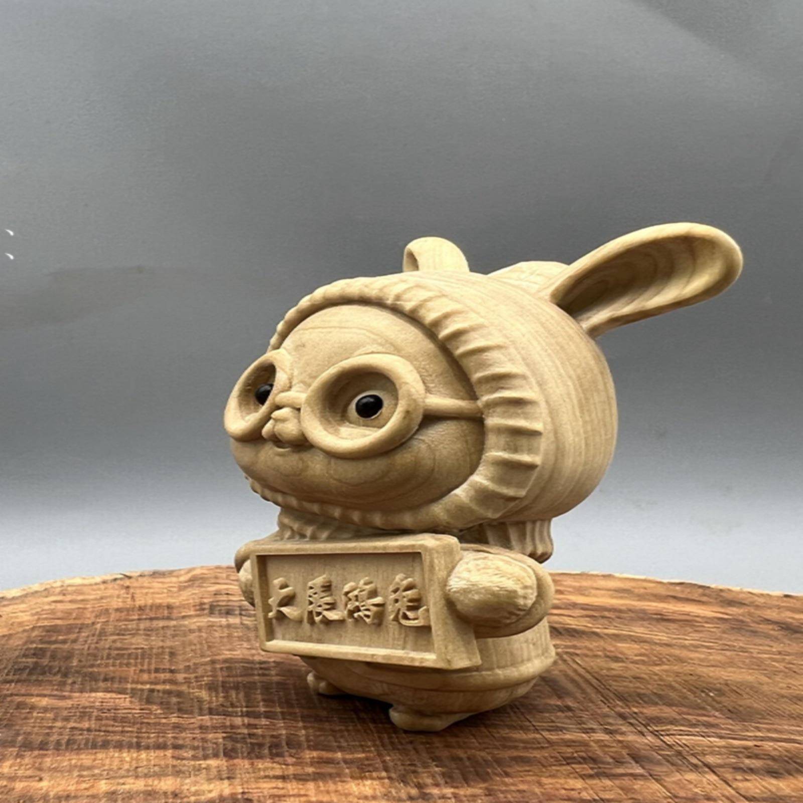 木雕可爱汽车黄品摆件眼DVS展镜兔小叶杨木大鸿兔饰手把件随身生