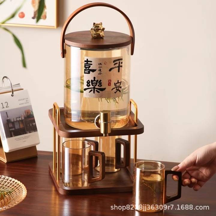 中式冷水壶玻璃耐高温家用商用大容量柠檬冰茶果汁桶凉水壶带龙头