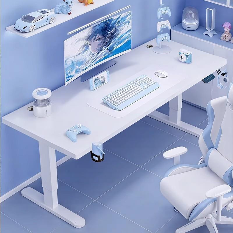 实木电动升降桌白色电竞桌家用电脑桌台式卧室书桌办公桌子工作台