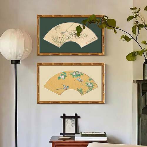 法式实木卡纸中国风客厅装饰画扇形中式复古餐厅挂画中古山水A334