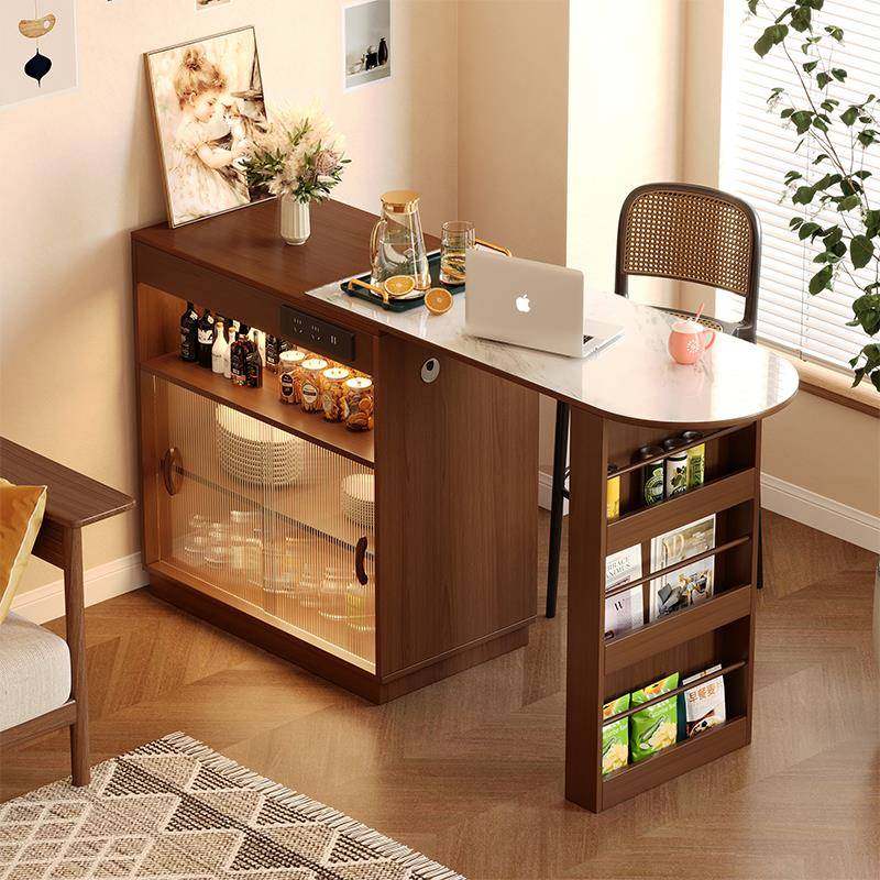 实木吧台桌子家用阳台休闲可伸缩小户型隔岛台储物柜餐边柜一体台