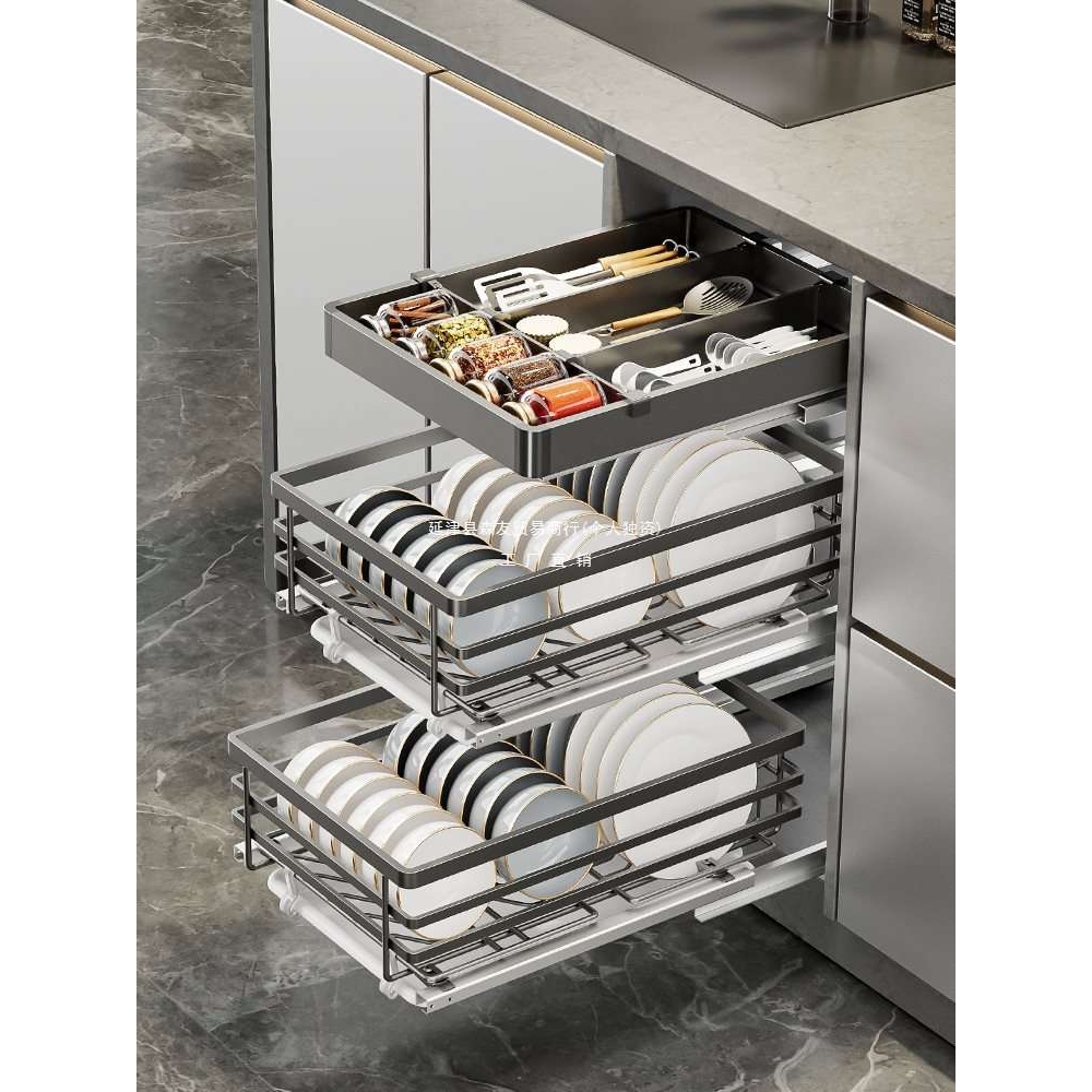 不锈钢小尺寸抽屉式双层厨房橱柜碗篮窄柜400/500柜体调味品拉篮