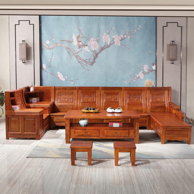 仿古榆实木沙古发新式中老木香樟客厅带909#转角农村家具香樟树