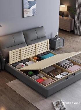 年新款现软代简约皮床主卧大床端FUO大气双高人米皮艺包储物床