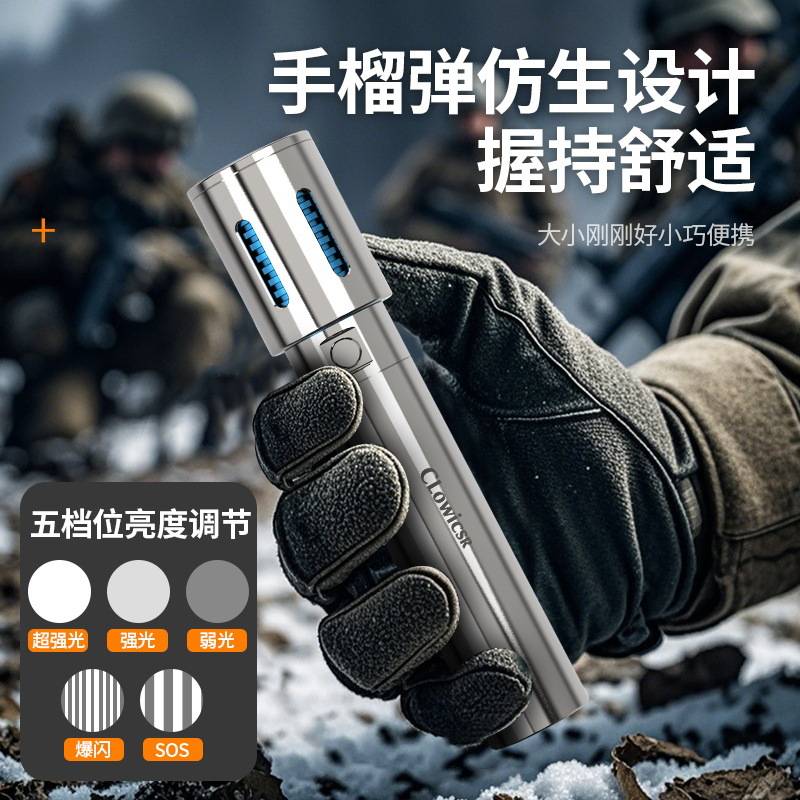 跨进爆款新款不锈钢强光超亮手电筒充电户外便携登山变焦远射手电
