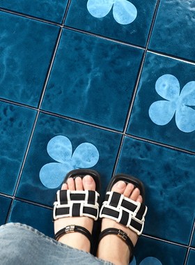 复古湖蓝色花f砖浴室厨房瓷砖咖啡店商业区墙砖防滑卫生间阳台地