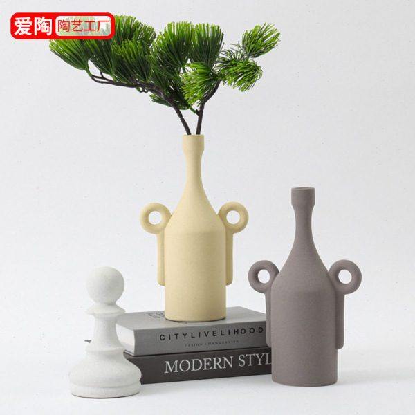 爱陶中古花小口磨砂素烧粗陶陶瓷插花器皿带耳软装水培摆件,家居饰品,花瓶,淘宝优惠券,粉丝福利购,淘宝优惠卷