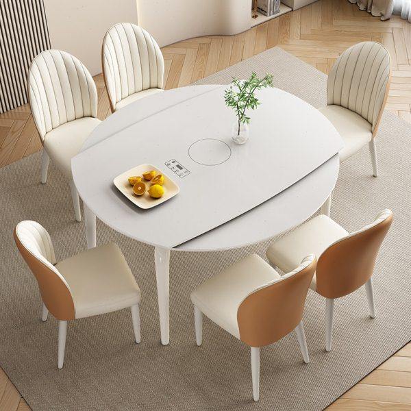 奶油风餐桌岩板实木带暖菜电磁炉多功能家用小户型现代简约可伸缩,住宅家具,岩板餐桌,淘宝优惠券,粉丝福利购,淘宝优惠卷