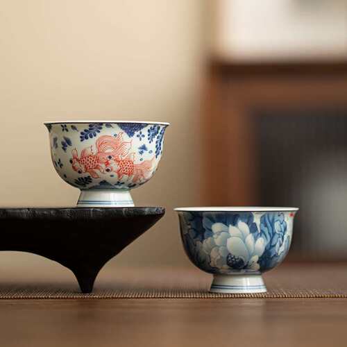 青花主人杯单杯釉里红茶盏个人品茗杯大号功夫复古陶瓷喝茶具