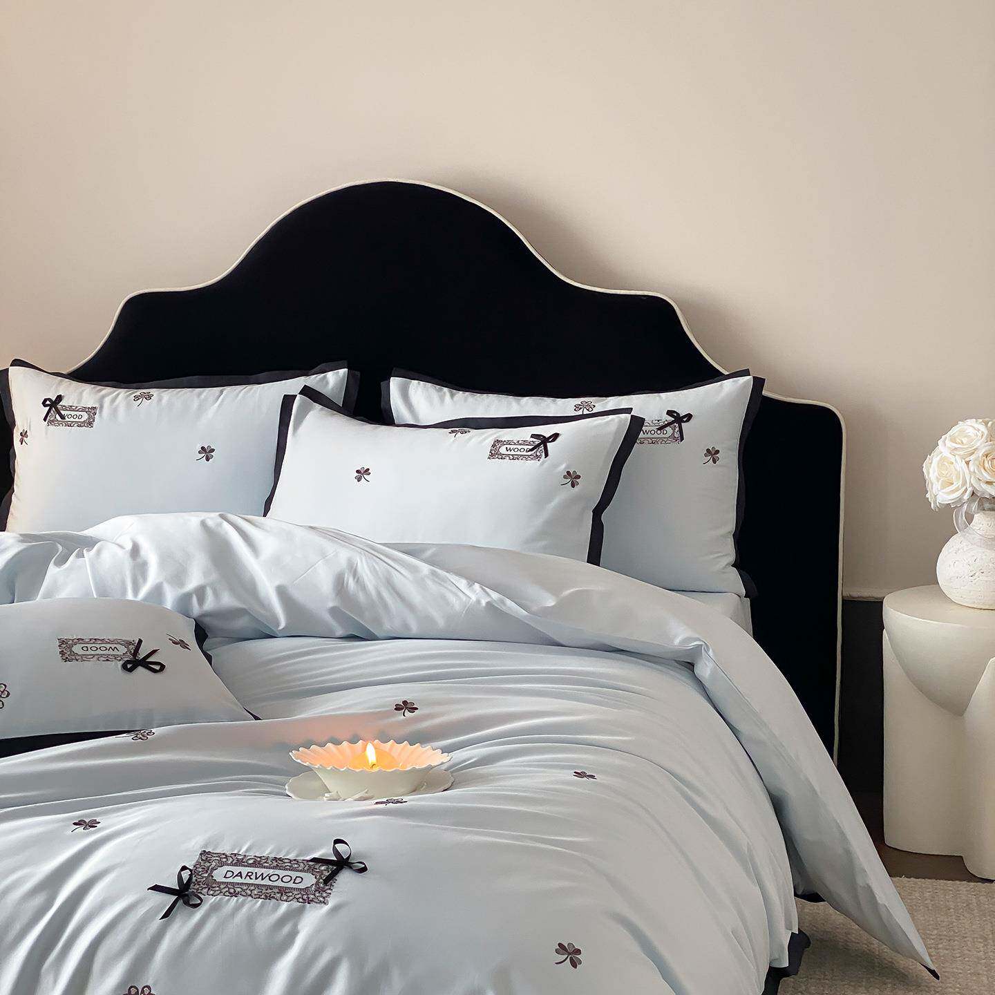 公主风少女心50支长绒棉贡缎刺绣床上用品四件套亲肤四季可用被套