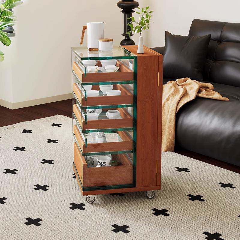 复古边几全实木玻璃茶水置物柜可移动多层抽屉家用书房展示柜推车