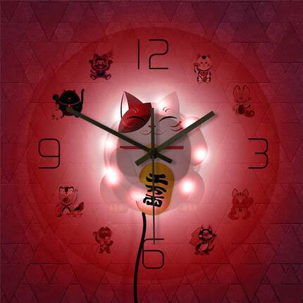 猫小夜灯钟幸运猫挂钟灯透明亚克力彩色时钟墙壁装饰灯LED灯