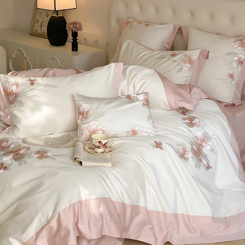 少女心100S长绒棉床单四件套新中式花卉刺绣全棉纯棉被套床上用品