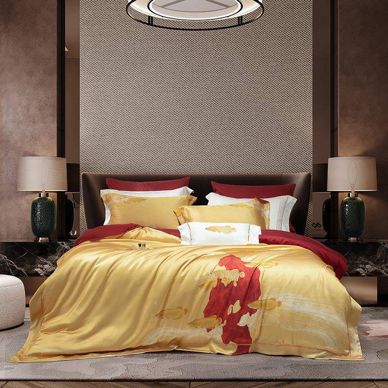高端奢华新中式别墅四件套140S高精密真丝棉长绒棉色织样品房床品