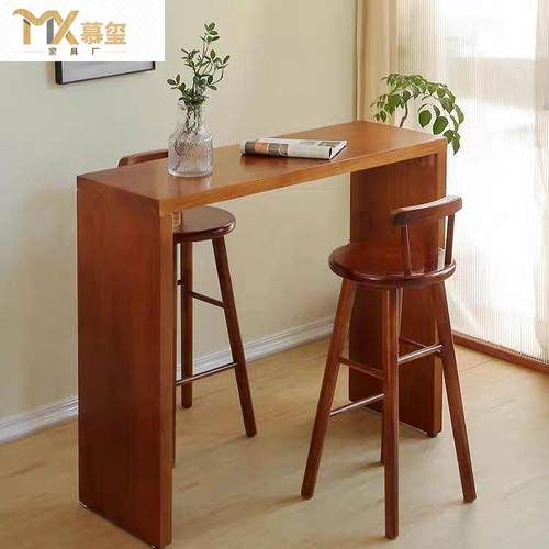 实木吧台家用桌椅客厅简约一体中古隔断阳台餐桌靠墙长条高脚桌子