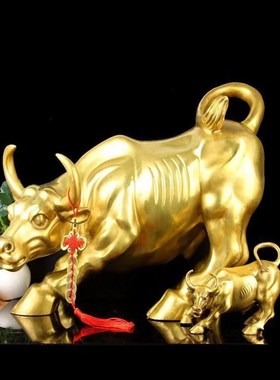 华尔街铜牛铜件金牛牛气冲天工艺品办摆市公室S桌装全黄牛摆件饰
