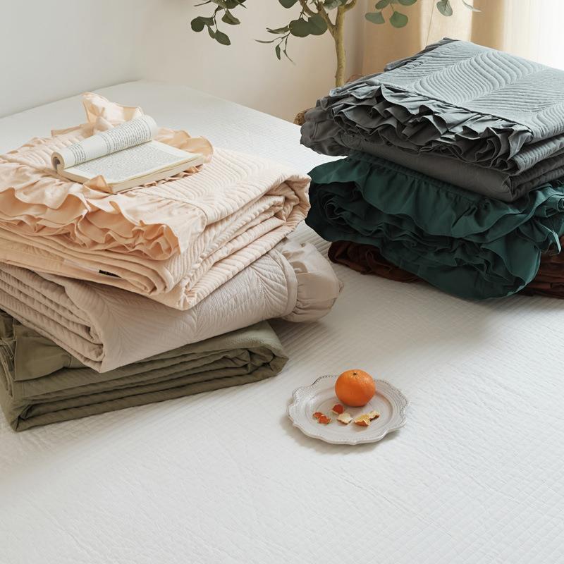 韩式公主风荷叶花边双面全棉床盖三件套纯棉加厚绗缝床单四季通用