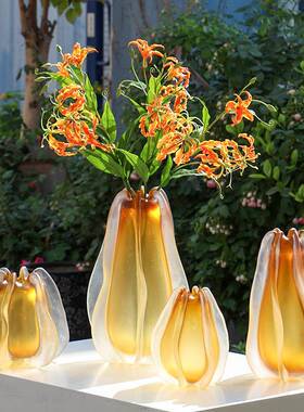 现代轻奢创意哑光琥珀色玻璃花瓶家居花束插花样板房间软装饰品