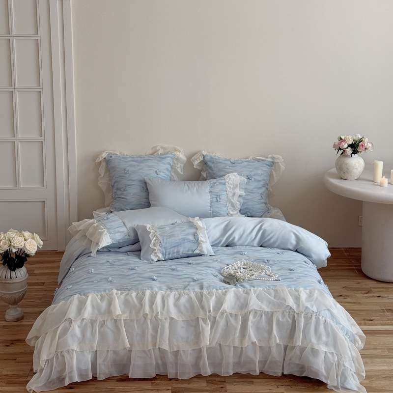 蓝色公主风夏季天丝四件套凉感冰丝滑蕾丝花边少女裸睡被套床品