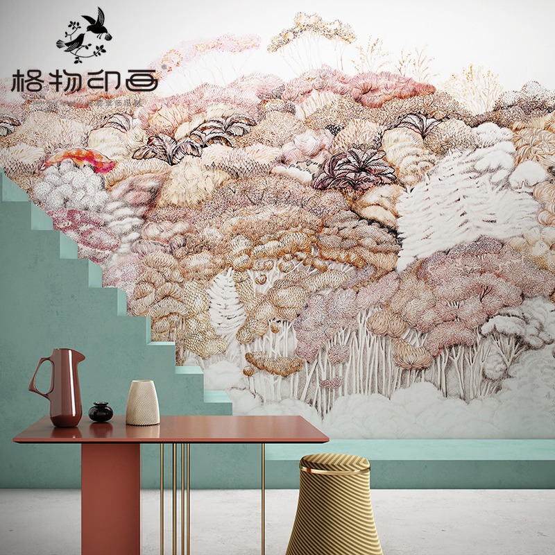 粉色满山植物新中式m电视背景墙壁画个性现代壁纸定制无缝大型墙